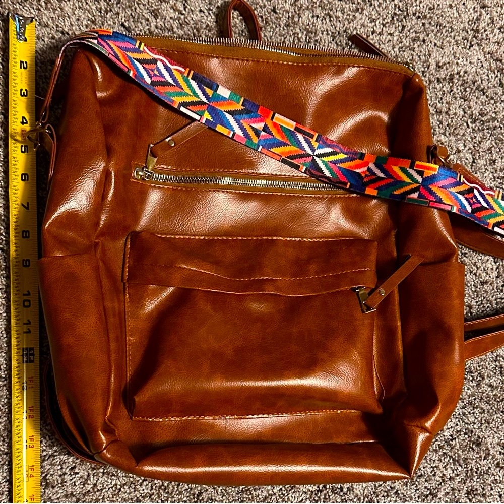 Brown Faux Leather Backpack with Colorful Strap
